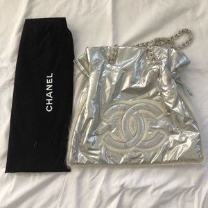 Chanel bag metallic silver with fur trim